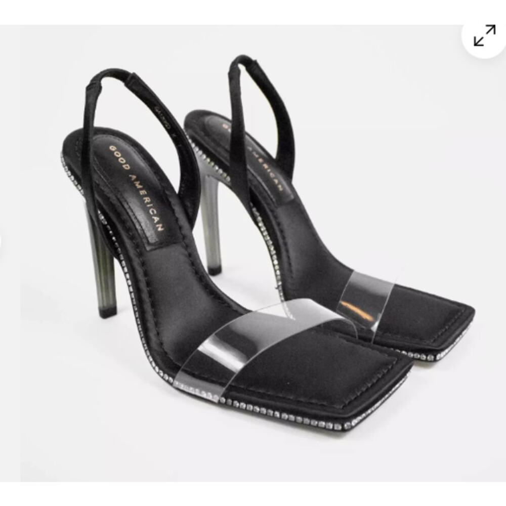 $195 MSRP - Good American Black Leather Strappy Slingback High Heels - Sz 7